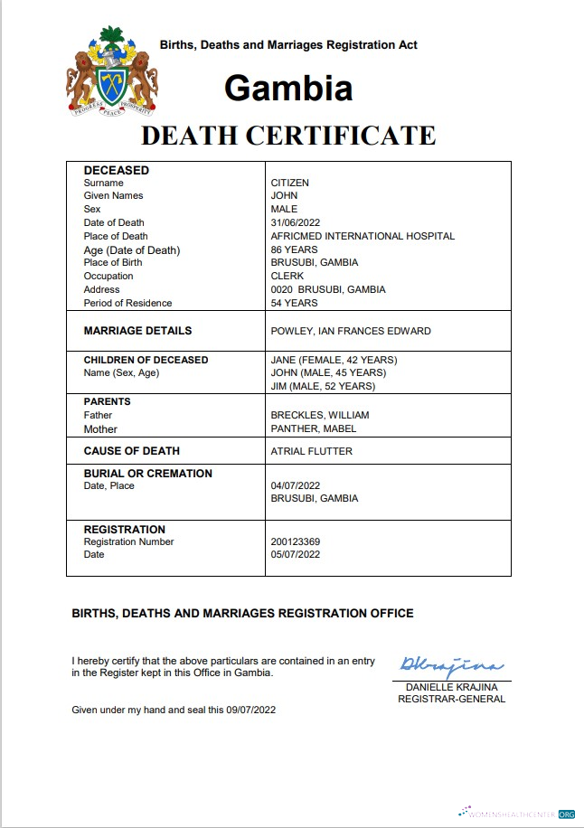 Download Gambia vital record death certificate Word and PDF Photoshop template